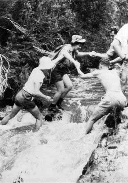 Crossing a watercourse, Werribee Gorge, April 1951.